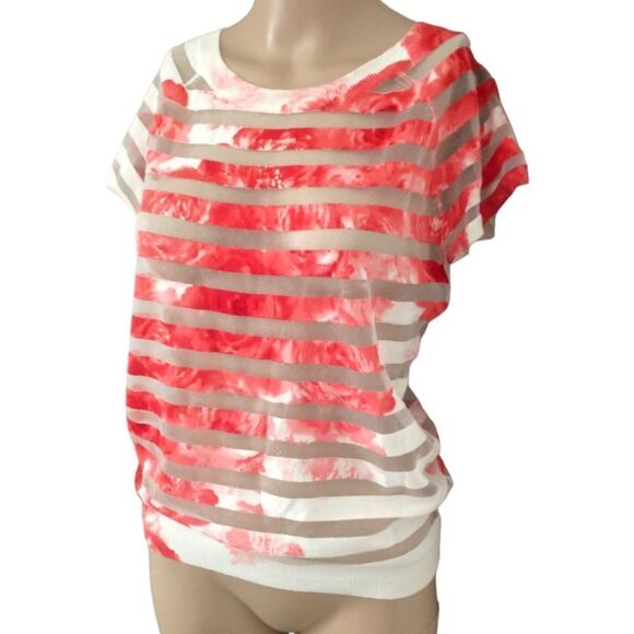 Red White Striped Top Small Mesh Sheer Stripes Tie Dye Lightweight Knit Pullover - Picture 6 of 16